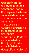 Text Box: Anulacin de las recientes medidas adoptadas  por la Consejera, hasta que no se establezca un marco normativo, por las cuales  introducen en nuestras Escuelas a 55 profesores de enseanza secundaria (45 de la especialidad de Dibujo y 10 de la especialidad de Geografa e Historia) 